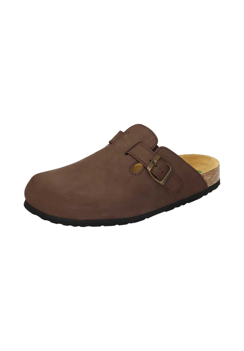 Brown leather clog with a rounded toe, adjustable buckle strap, cork footbed, and rubber outsole. Smooth texture with minimal detailing.