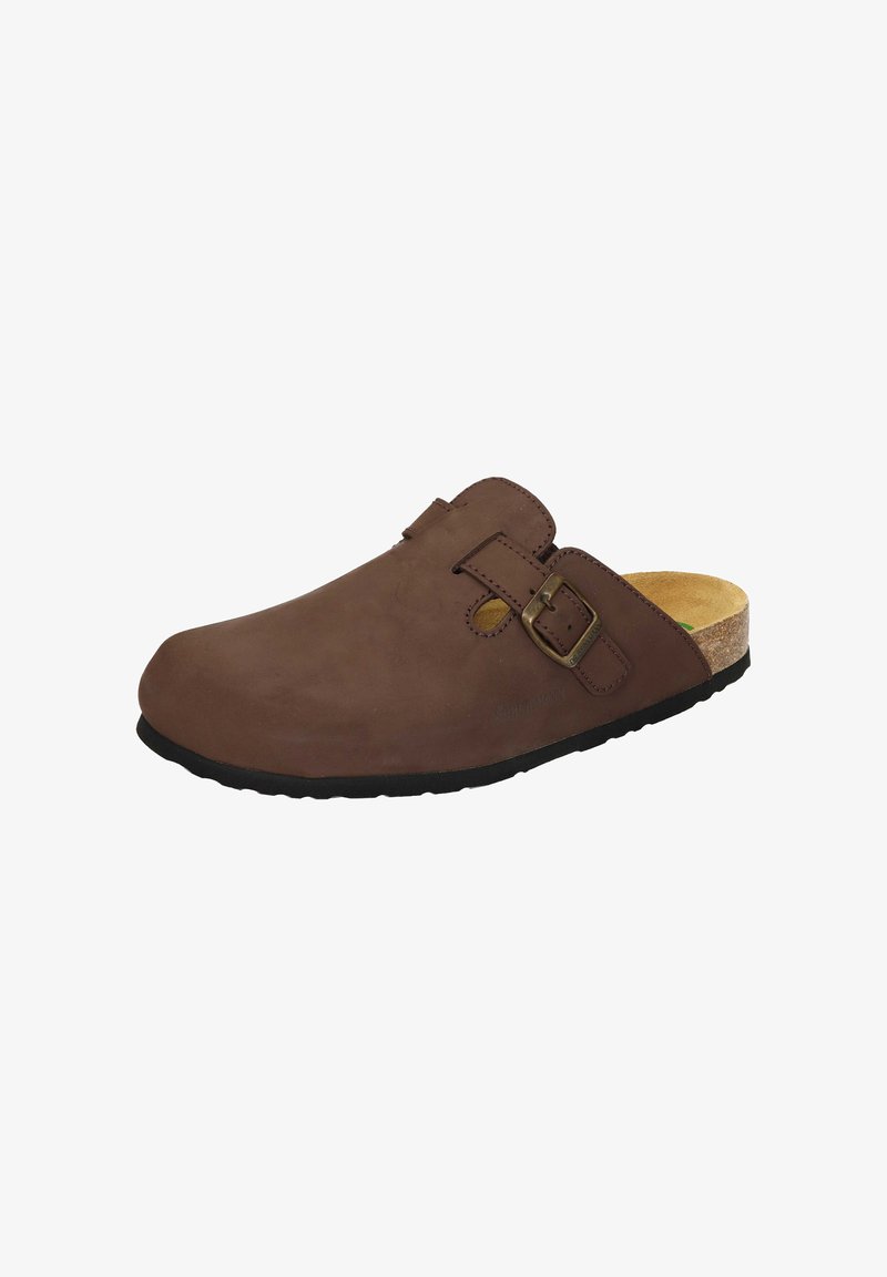 Brown leather clog with a rounded toe, adjustable buckle strap, cork footbed, and rubber outsole. Smooth texture with minimal detailing.