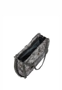 Metallic silver handbag with a textured finish, chain strap, and a snap closure. Inside features a solid dark lining.