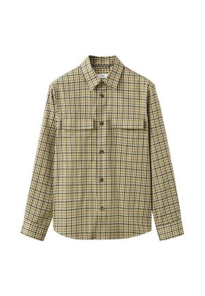 Camicia a maniche lunghe con bottoni, a quadri gialli e neri, con colletto e due tasche con patta sul petto.