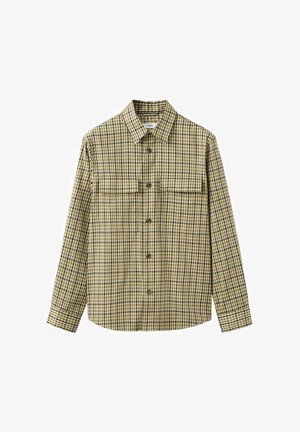 Camicia a maniche lunghe con bottoni, a quadri gialli e neri, con colletto e due tasche con patta sul petto.