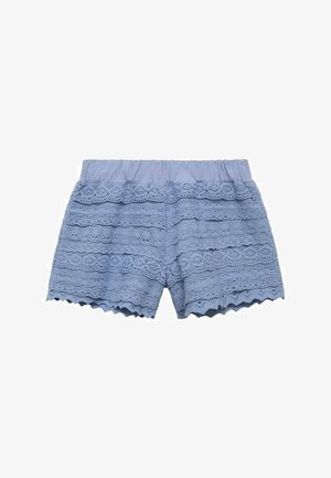 Blå spetsshorts med en vågig fåll och lager-på-lager-textur. Midjebandet är mjukt och elastiskt för komfort.