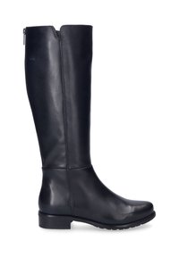 Botte noire en cuir, montant jusqu'au genou, avec une texture lisse, un bout rond, un talon bas et une fermeture éclair à l'arrière.