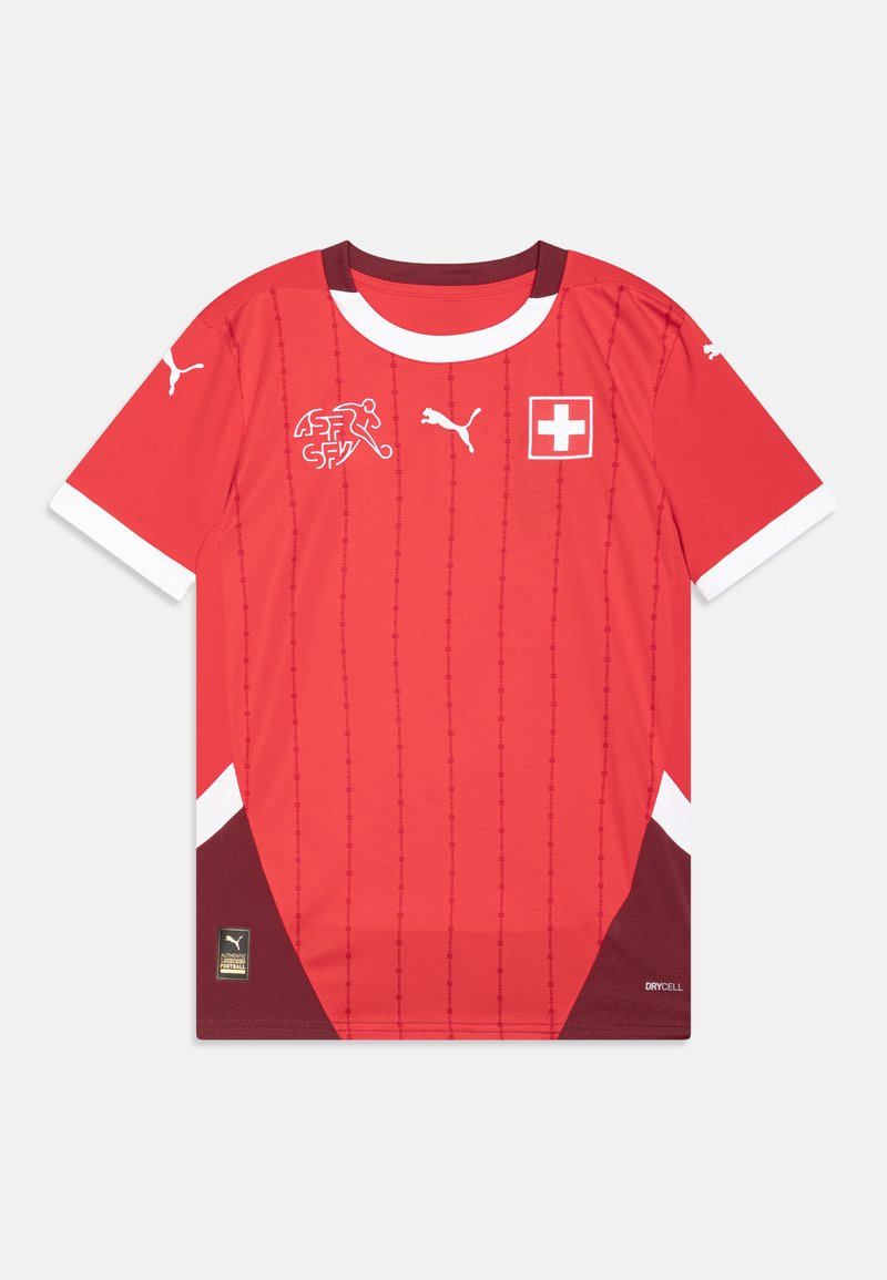 Red football jersey made from lightweight fabric. Features white accents, Swiss flag logo, and Puma branding. Includes vertical line pattern.