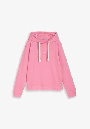 Hanorac roz cu șnururi albe și broderie mică albă în formă de inimă și cruce, centrată pe piept, mâneci lungi și manșete striate.