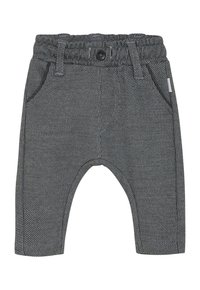 Donkergrijze peuterbroek met elastische tailleband, knoopsluiting, zijzakken en een gestructureerd stofpatroon.