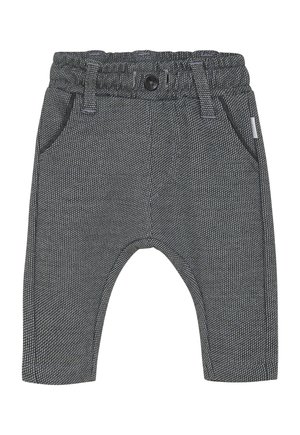 Donkergrijze peuterbroek met elastische tailleband, knoopsluiting, zijzakken en een gestructureerd stofpatroon.