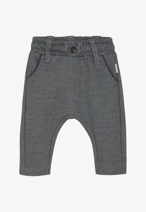 Donkergrijze peuterbroek met elastische tailleband, knoopsluiting, zijzakken en een gestructureerd stofpatroon.