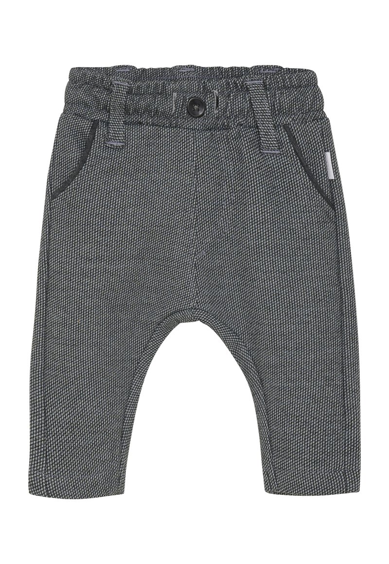 Donkergrijze peuterbroek met elastische tailleband, knoopsluiting, zijzakken en een gestructureerd stofpatroon.