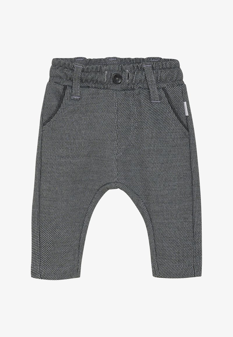 Pantalons pour tout-petit gris foncé avec taille élastique, fermeture à bouton, poches latérales et motif de tissu texturé.