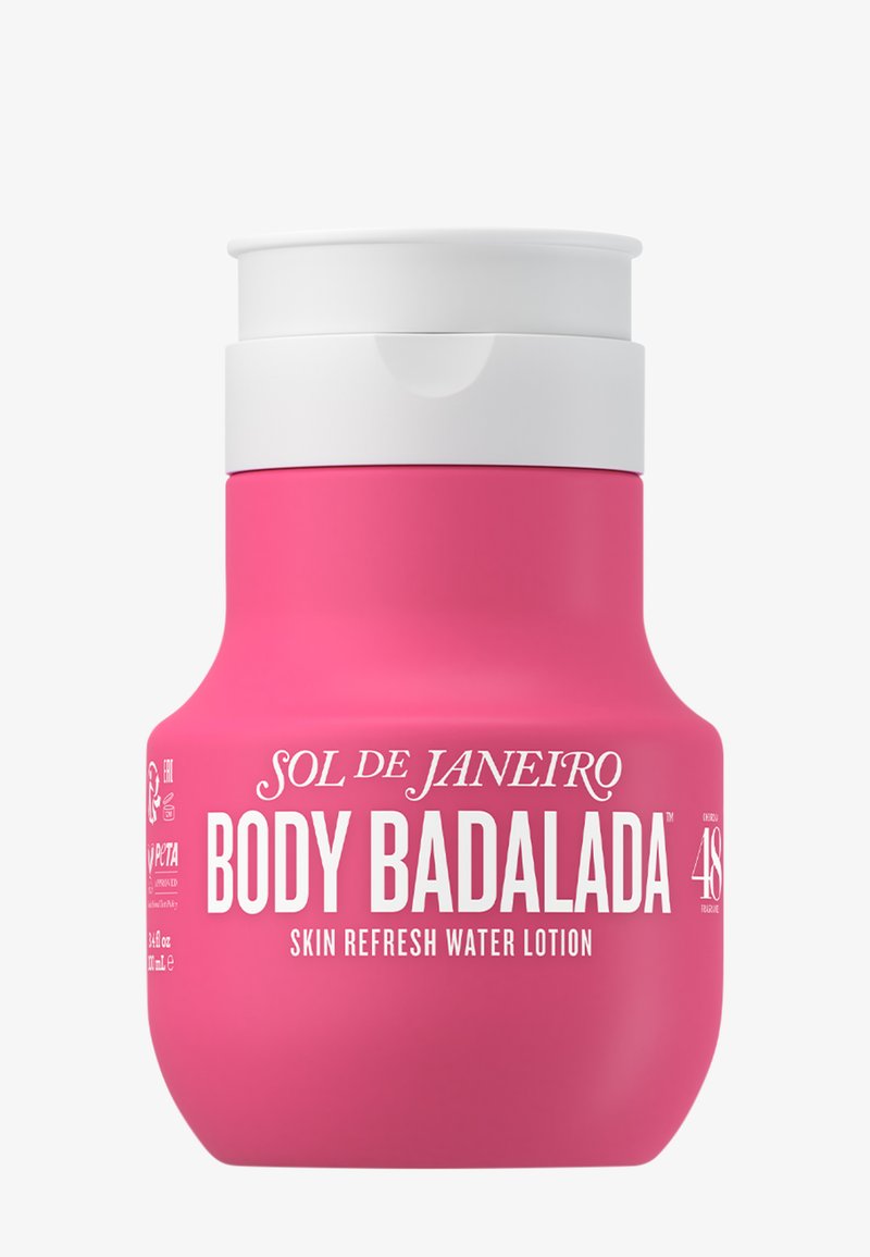 Pink bottle of Sol de Janeiro Body Badalada skin refresh water lotion with white flip-top cap and 48-hour fragrance.