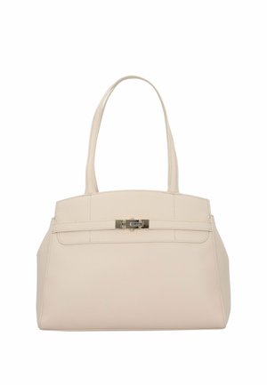 Beige Ledertasche mit strukturierter Form, zwei Schulterriemen und einem silberfarbenen Verschluss. Verfügt über eine glatte Textur und klare Linien.