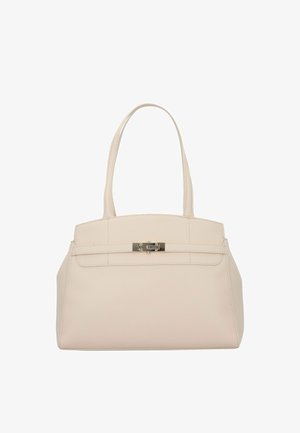 Sac à main en cuir beige avec une forme structurée, deux bandoulières et un fermoir argenté. Caractéristiques : texture lisse et lignes épurées.