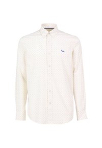 Biała koszula z długim rękawem w kolorowe kropki i małym niebieskim logo. Kołnierzyk zapinany na guziki i standardowe mankiety, uszyta z bawełnianej tkaniny.