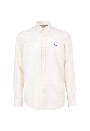 Bijela košulja dugih rukava s višebojnim točkastim uzorkom i malim plavim logom. Okrugli ovratnik s gumbima i standardni manšeti, izrađena od pamučne tkanine.