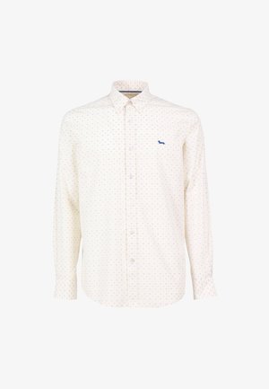 Biała koszula z długim rękawem w kolorowe kropki i małym niebieskim logo. Kołnierzyk zapinany na guziki i standardowe mankiety, uszyta z bawełnianej tkaniny.