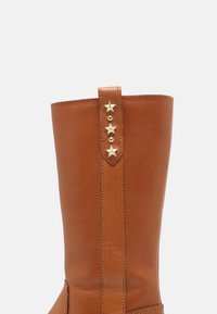 Bottine en cuir marron à forme droite, dotée d'une sangle décorative avec trois étoiles dorées et un clou rond le long de l'arrière.