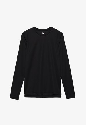 Tricou negru cu mânecă lungă, fabricat dintr-un material neted, având guler rotund, croială regulară și detalii subtile de cusătură la tiv și la mâneci.