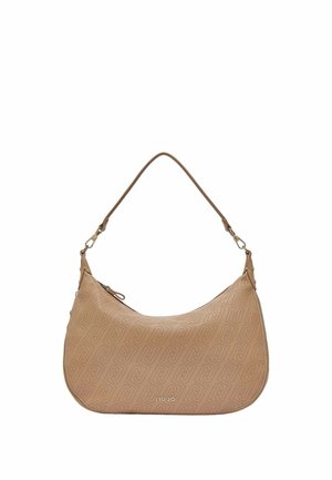 Borsa a tracolla beige con forma curva, motivo in rilievo, tracolla staccabile, chiusura con cerniera e logo "Liu Jo" sul davanti.