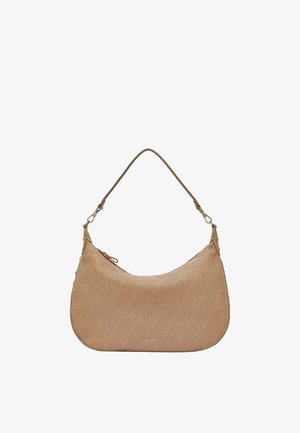 Sac bandoulière beige à forme incurvée, motif embossé, bandoulière amovible, fermeture éclair, et logo "Liu Jo" sur le devant.