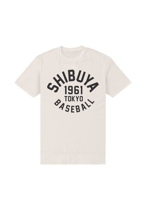 Biała bawełniana koszulka z wyraźnym czarnym napisem "SHIBUYA 1961 TOKYO BASEBALL" w różnych rozmiarach i zakrzywionym układzie.