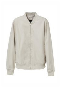 Giubbotto bomber beige chiaro con zip frontale, colletto a costine, polsini e orlo, esposto su uno sfondo bianco.