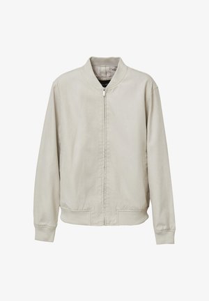 Giubbotto bomber beige chiaro con zip frontale, colletto a costine, polsini e orlo, esposto su uno sfondo bianco.