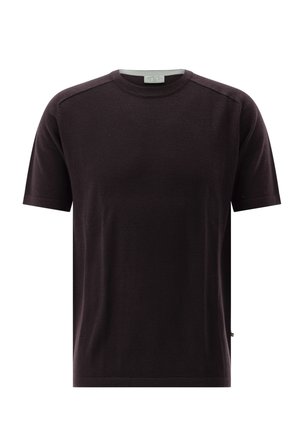 Short-sleeve black crew neck knit T-shirt with a straight hem and subtle shoulder seam detailing, displayed on a white background.