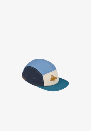 Five-panel cap in blue, navy, and light beige with a teal brim. Features a walrus embroidery on the side and a stitched logo on the back.