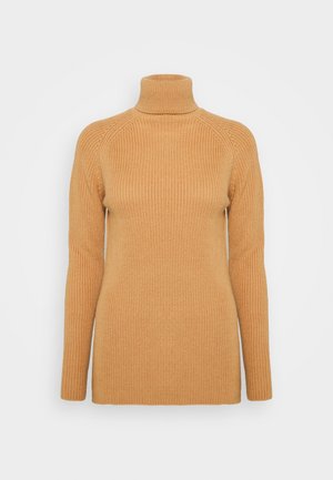 Camel-colored ribbed knit turtleneck sweater with long sleeves and a fitted silhouette on a plain light background.