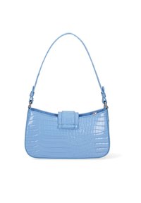 Borsa in pelle sintetica blu chiaro con effetto coccodrillo, dalla forma strutturata, con manico corto e chiusura a patta anteriore. Texture liscia e lucida.