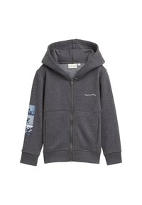 Gray zip-up hoodie with large front pockets, ribbed cuffs, and a lined hood. Features a graphic print on the left sleeve. Made of fleece material.