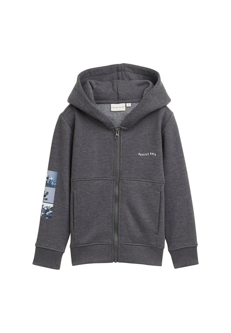 Gray zip-up hoodie with large front pockets, ribbed cuffs, and a lined hood. Features a graphic print on the left sleeve. Made of fleece material.