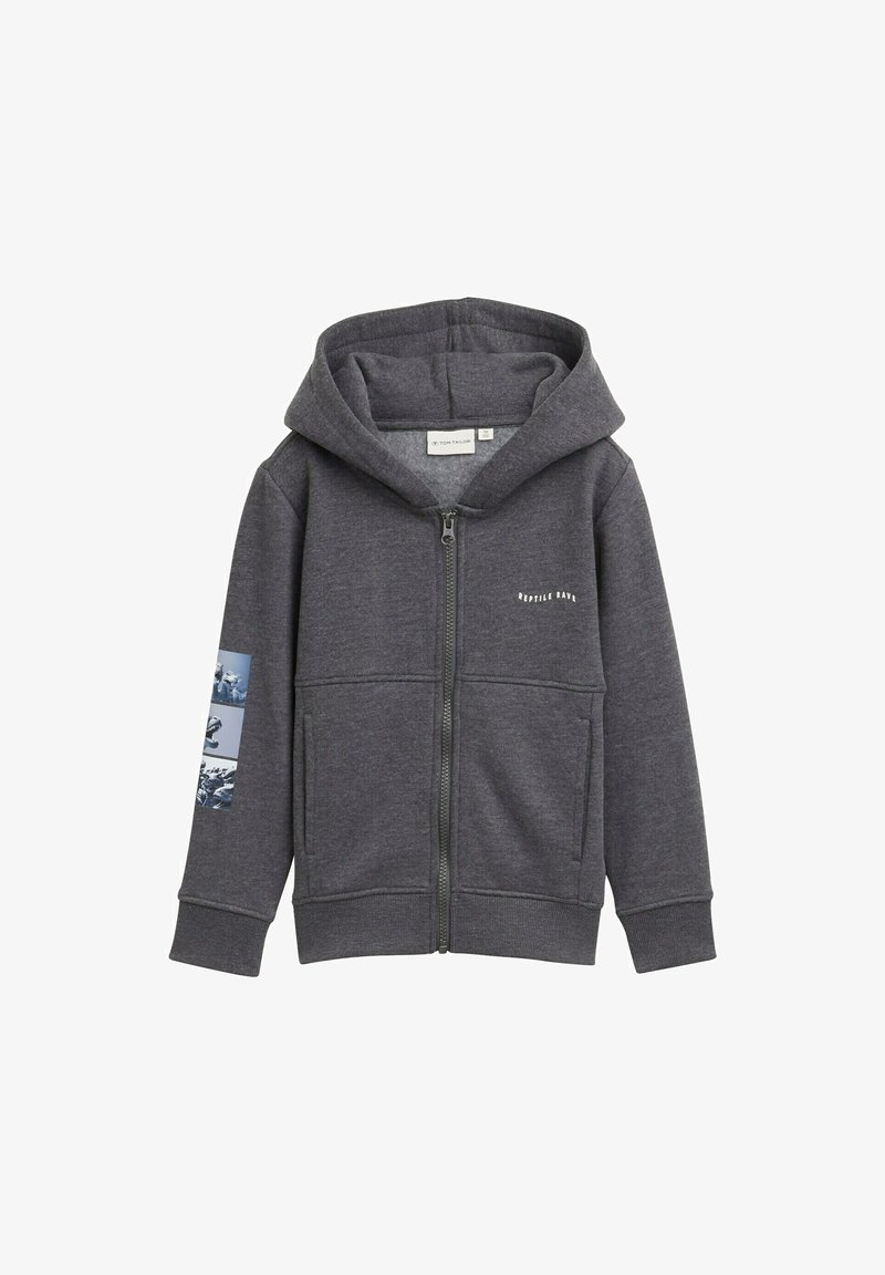 Gray zip-up hoodie with large front pockets, ribbed cuffs, and a lined hood. Features a graphic print on the left sleeve. Made of fleece material.