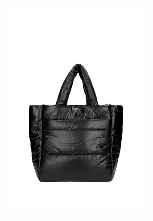 Borsa tote imbottita nera con cuciture orizzontali trapuntate e manici corti imbottiti, realizzata in materiale sintetico lucido.