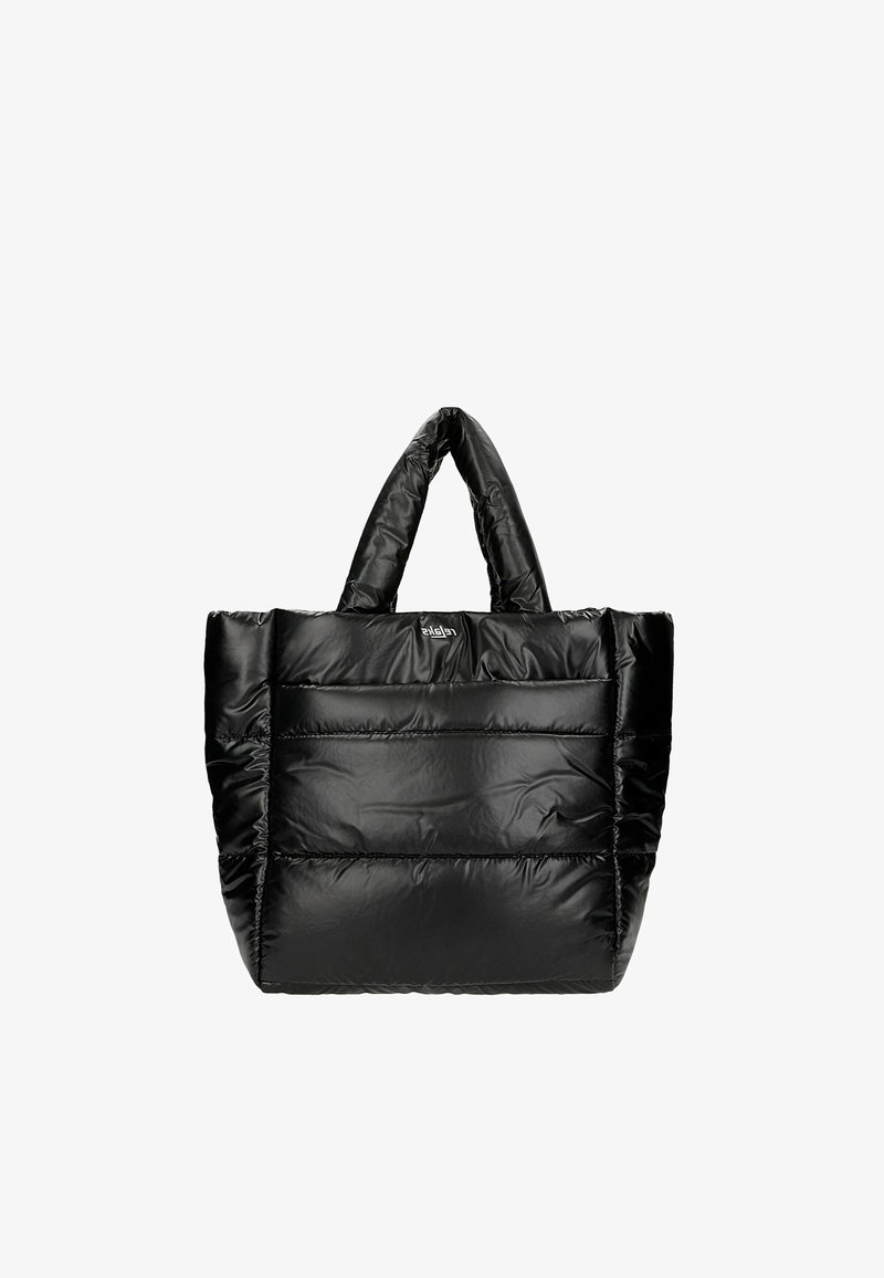 Sac fourre-tout noir matelassé avec des coutures horizontales matelassées et des poignées courtes rembourrées, fabriqué en matière synthétique brillante.