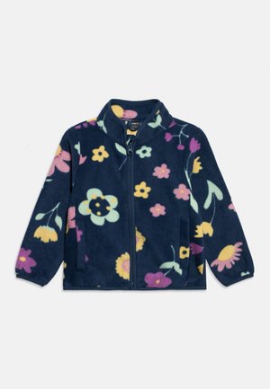 Veste en polaire bleu marine pour enfants avec fermeture éclair à l'avant, ornée de motifs floraux multicolores en jaune, rose, violet et bleu clair.