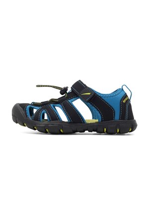 Černé a modré sandály z syntetického materiálu, s texturálním designem, otevřené špičky, nastavitelný elastický pásek a gumová podrážka.