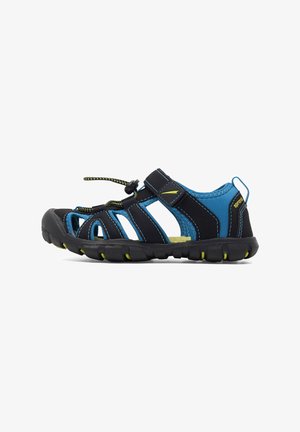 Schwarze und blaue Sandalen aus synthetischem Material mit strukturiertem Design, offenem Zehenbereich, verstellbarer Bungee-Schnur und Gummisohle.