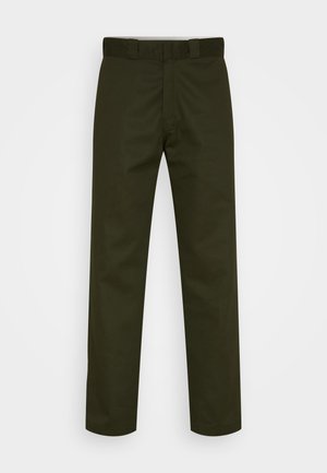 Dark green trousers with straight legs, made from a smooth fabric. Features a flat front, belt loops, and no visible patterns or hardware.