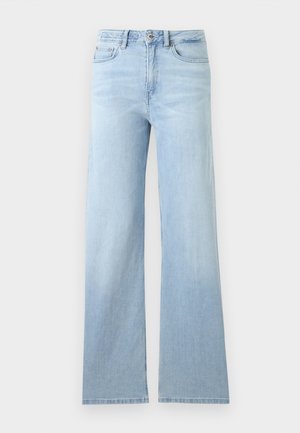 Light blue high-waist denim jeans with front button and zipper, five-pocket style, and wide straight legs.