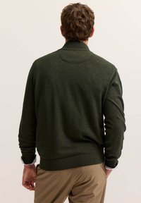 Dunkelgrüner Pullover mit hohem Kragen, gerippten Bündchen und Bund. Hergestellt aus einem weichen, strukturierten Stoff. Mit einem glatten Rückendesign.