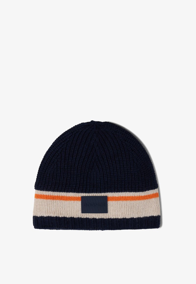 Pletená čepice v námořnické modři s krémovým a oranžovým pruhem na manžetě. Disponuje texturovanou látkou a obdélníkovou značkovou nášivkou.