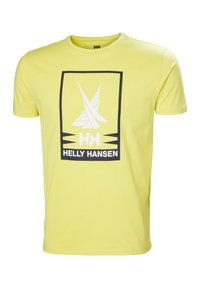 Camiseta de algodón amarilla de manga corta, con un logo blanco y un diseño gráfico en un contorno rectangular negro.