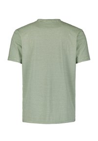 Lichtgroen T-shirt met horizontale witte strepen, ronde hals, korte mouwen en een gladde textuur, met een eenvoudig ontwerp.