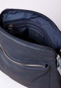 Dark blue leather bag with a smooth texture, featuring a zippered main compartment and an additional zip pocket on the front.