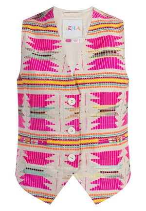 Színes, szőtt anyagból készült mellény, amely rózsaszín, narancs, sárga és kék geometrikus mintákat mutat, öt fehér gombbal és V-nyakkivágással.