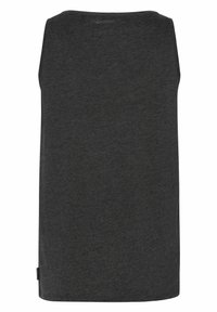 Débardeur de sport gris charbon, sans manches, col montant, avec petit logo imprimé près de l'encolure et étiquette sur la couture latérale inférieure.