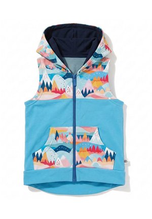 Niebieska bezrękawnik z kapturem, zamkiem błyskawicznym z przodu i wielokolorowym wzorem górskim na kapturze, górnej części klatki piersiowej oraz przednich kieszeniach.