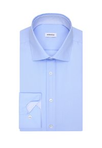 Jasnoniebieska męska koszula wizytowa z rozłożonym kołnierzykiem, białymi guzikami oraz wzorzystymi krawędziami wewnętrznymi kołnierzyka i mankietów, starannie złożona.